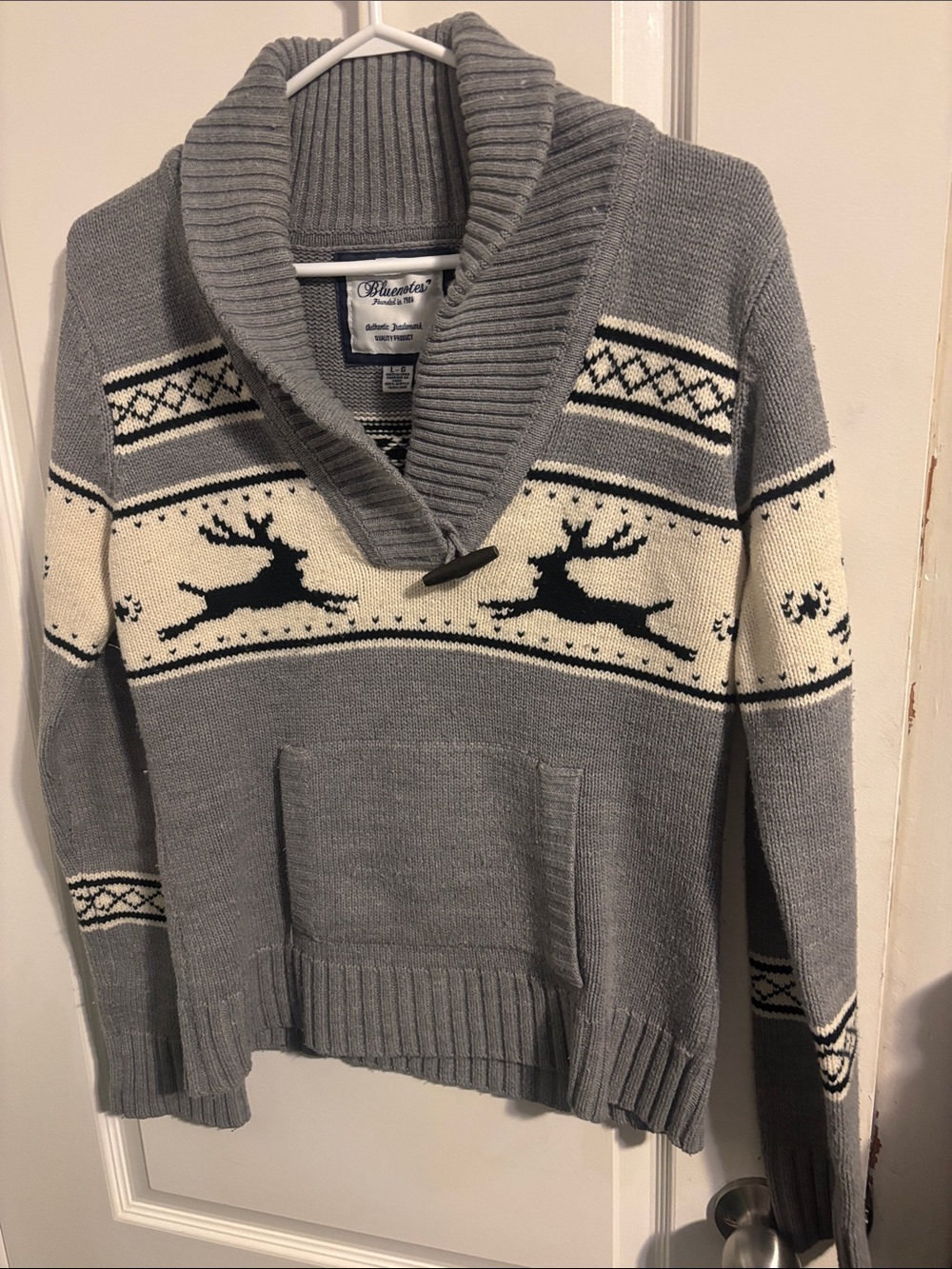 Bluenotes Gray Cream Reindeer Shawl Collar Pullover